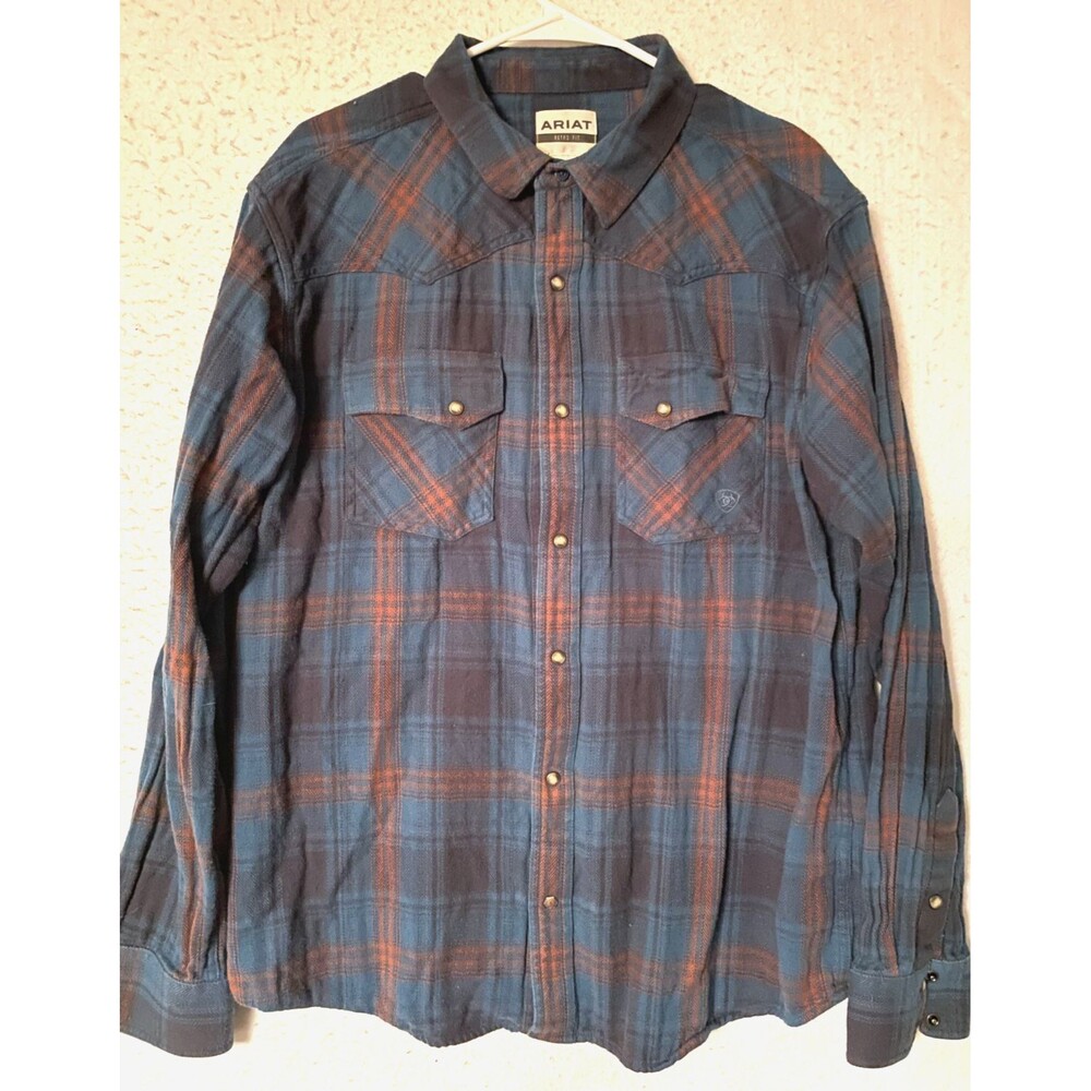 Ariat Shirt Mens XL Blue Plaid Retro Fit Pearl Snap Long Sleeve Western Cowboy